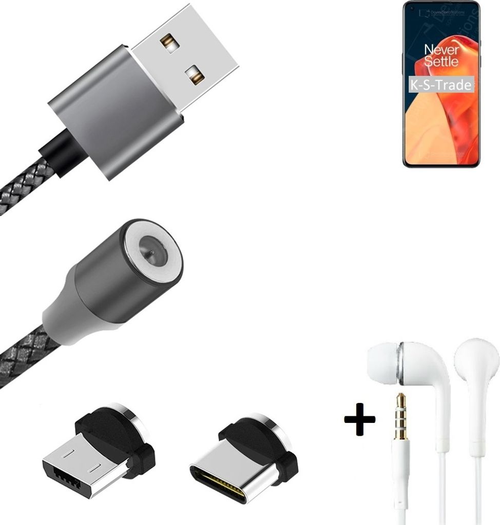 K-S-Trade Hochwertiges Magnet-Lade-kabel Sync-Kabel Daten-Kabel + Kopfhörer kompatibel mit OnePlus 9R 5G mit USB-Typ-C-Anschluss und