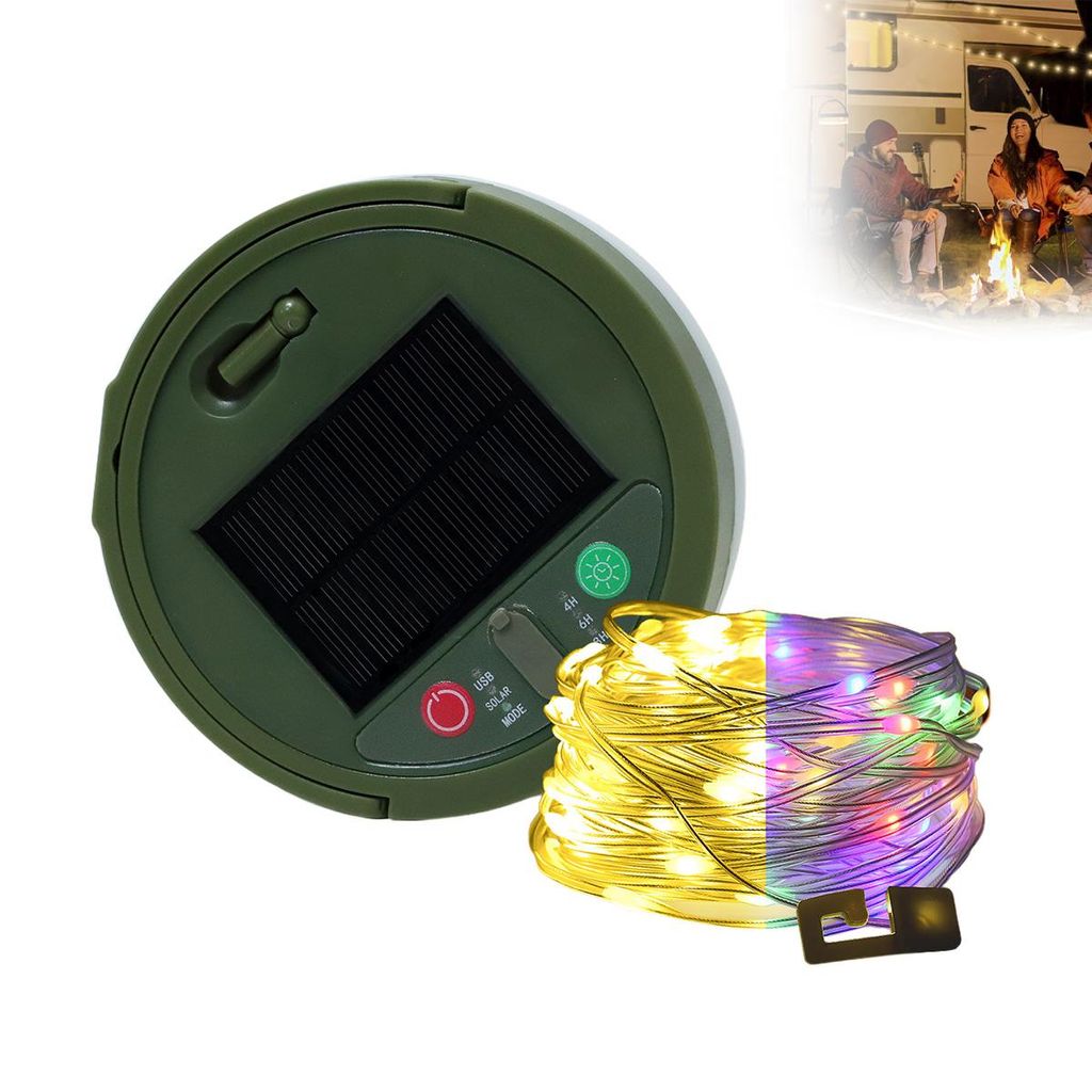 Campinglampen 10 m, tragbare 3-in-1 Lichterkette für Outdoor, Solar- & USB-Ladefunktion, 8 Lichtmodi, ideal für Camping, Garten und Reisen