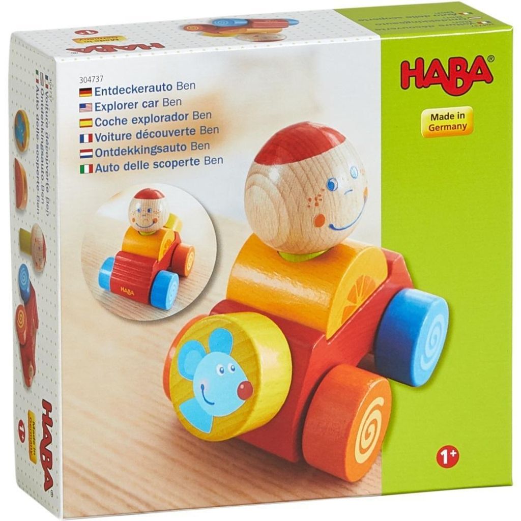 HABA Entdecker-Auto Ben mit abnehmbarem Reserverad und herausnehmbarer Fahrerfigur, für Kinder ab 1 Jahr