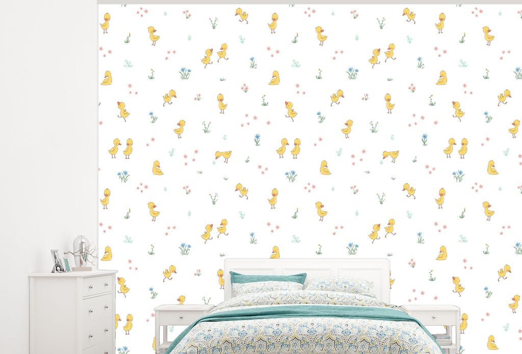 MuchoWow Fototapete für Wohnzimmer oder Schlafzimmer Wandtapete Vinyl Motivtapete Ente - Baby - Tiere - 375x300 cm - Tapezierpapier