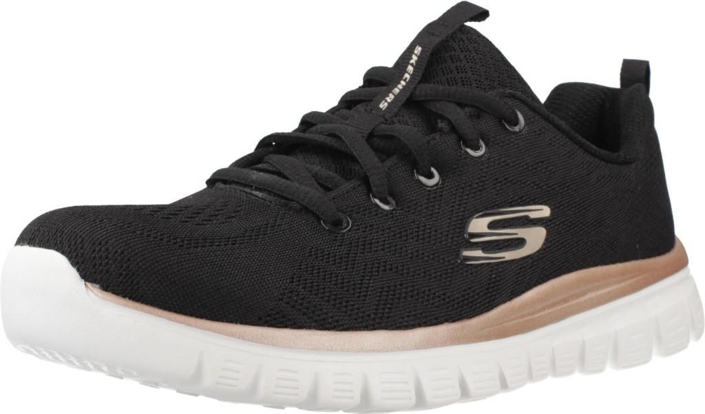 A single black sneaker with rose gold accents on a white background.