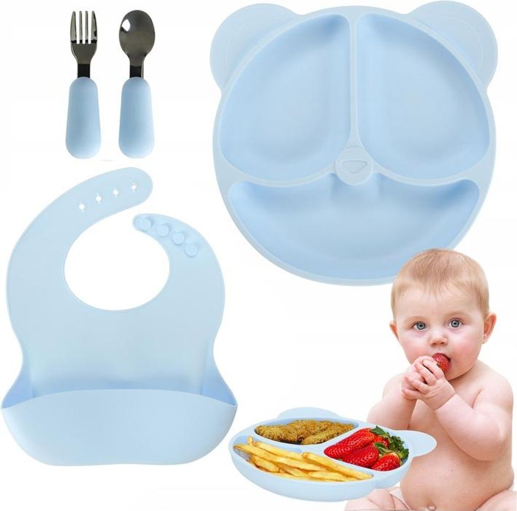 Kinder Geschirr Silikon Blau robust pflegeleicht modern komfortabel für tägliche Mahlzeiten Baby Kleinkinder