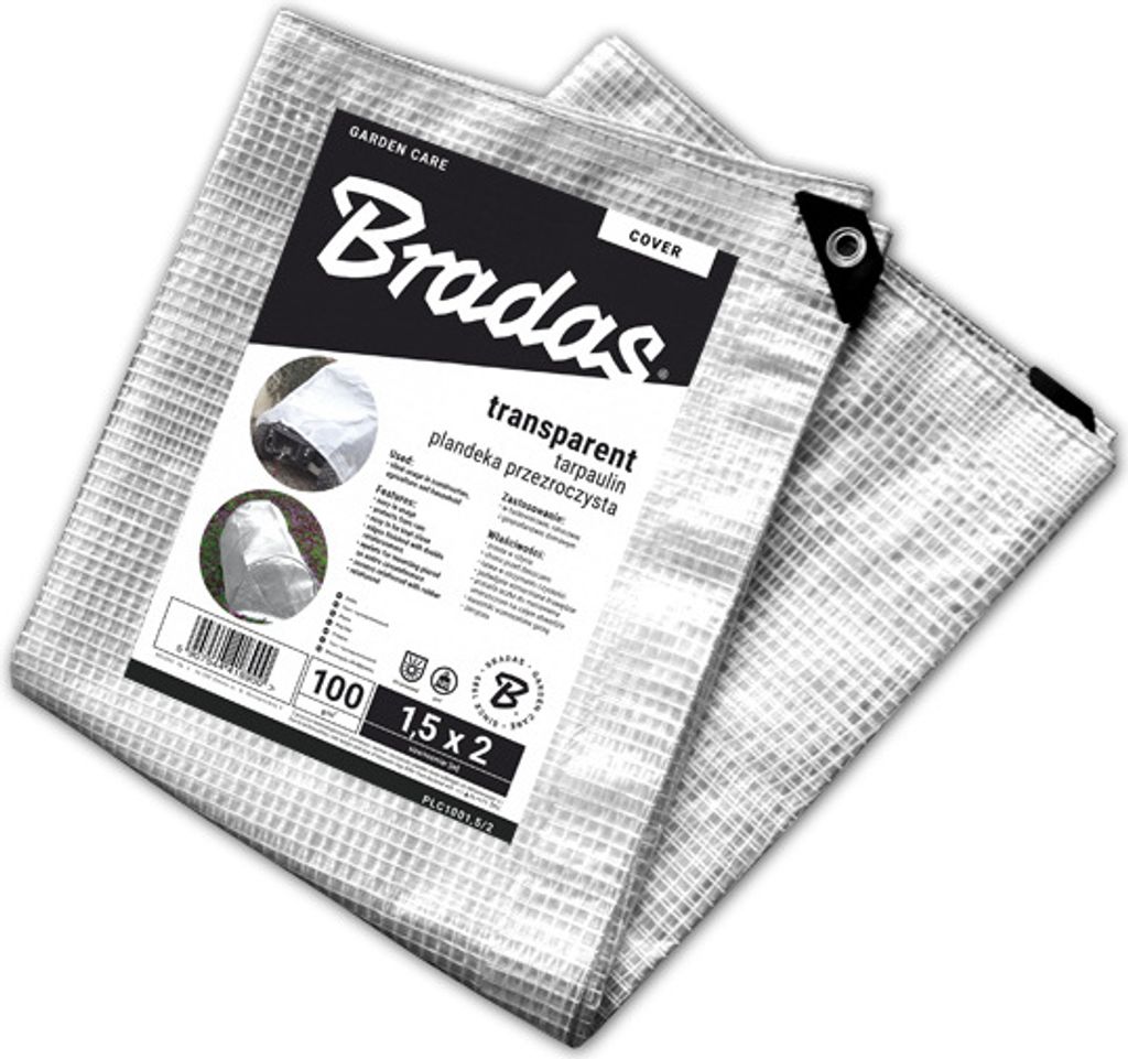 A folded transparent tarp with a label showing product details.