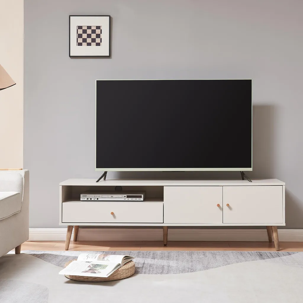 Banc TV Blanc Hallevil 150cm - Buffet Multimédia avec Rangements Bas - 2