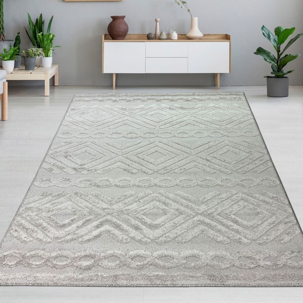 Hochflor Wohnzimmerteppich Boho Style mit Rautenmuster und Kreisen in Beige Größe - 120 x 170 cm