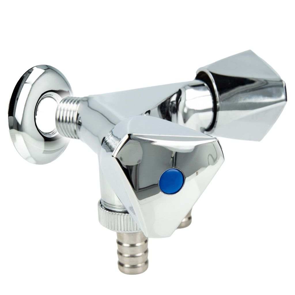 tecuro Doppel-Geräteventil mit 3 Abgängen, mit Schlauchtüllen, Wandrosette, MS-hochglanzverchromt