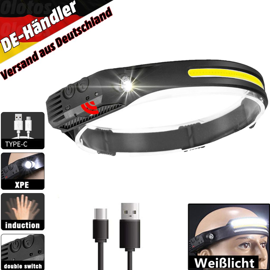 1*LED Stirnlampe, Sensorscheinwerfer USB wiederaufladbar Kopflampe, IPX4 Wasserdicht, Schwarz