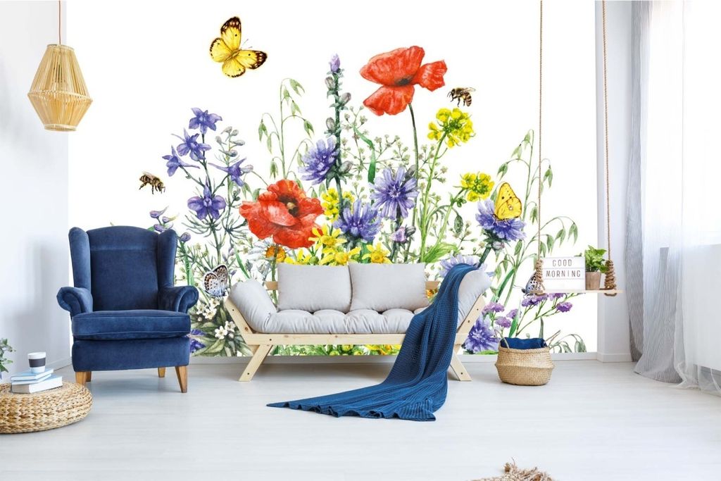 Vlies Fototapete HANDGEZEICHNETE WILDBLUMEN 375 x 250 cm (inkl. Kleister) - Vlies Tapete, Wandtapete, Wandbilder - Tapete für Wohnzimmer Schlafzim...