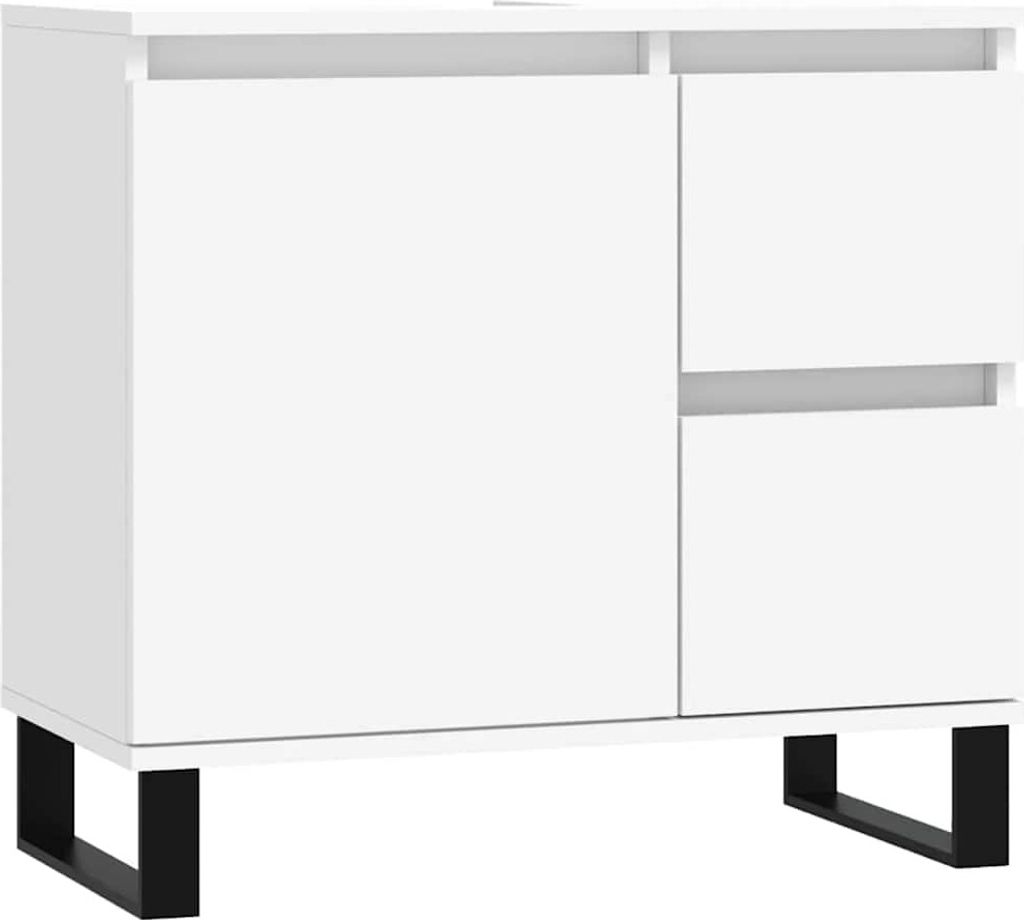 A white cabinet with black legs against a white background.