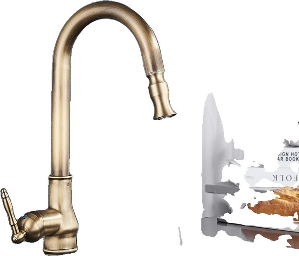 A kitchen faucet with an antique brass finish.