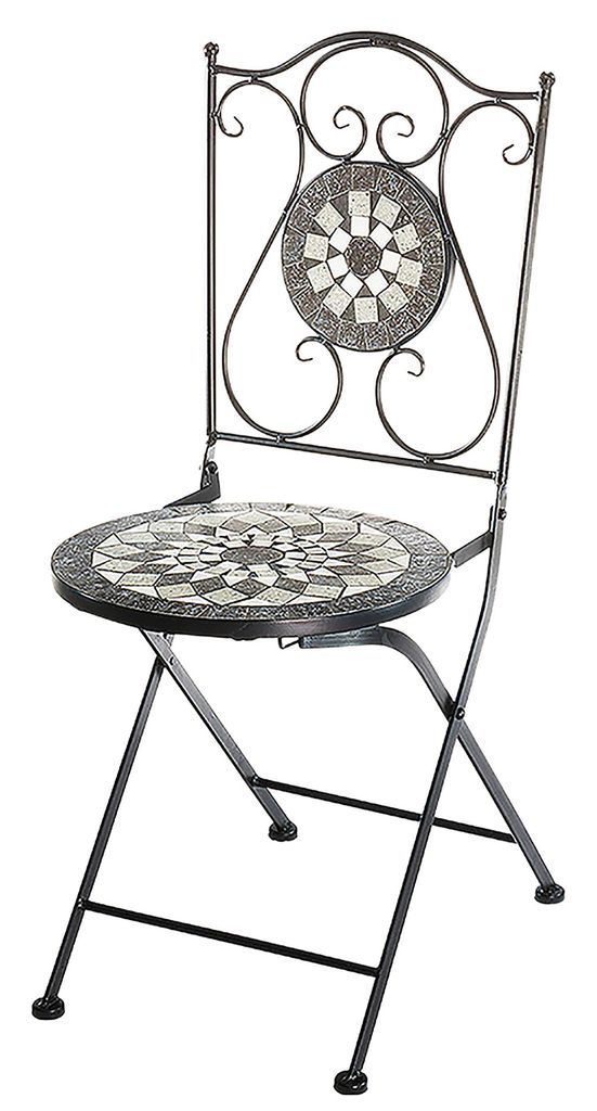A single folding garden chair with a mosaic seat and backrest, shown against a white background.