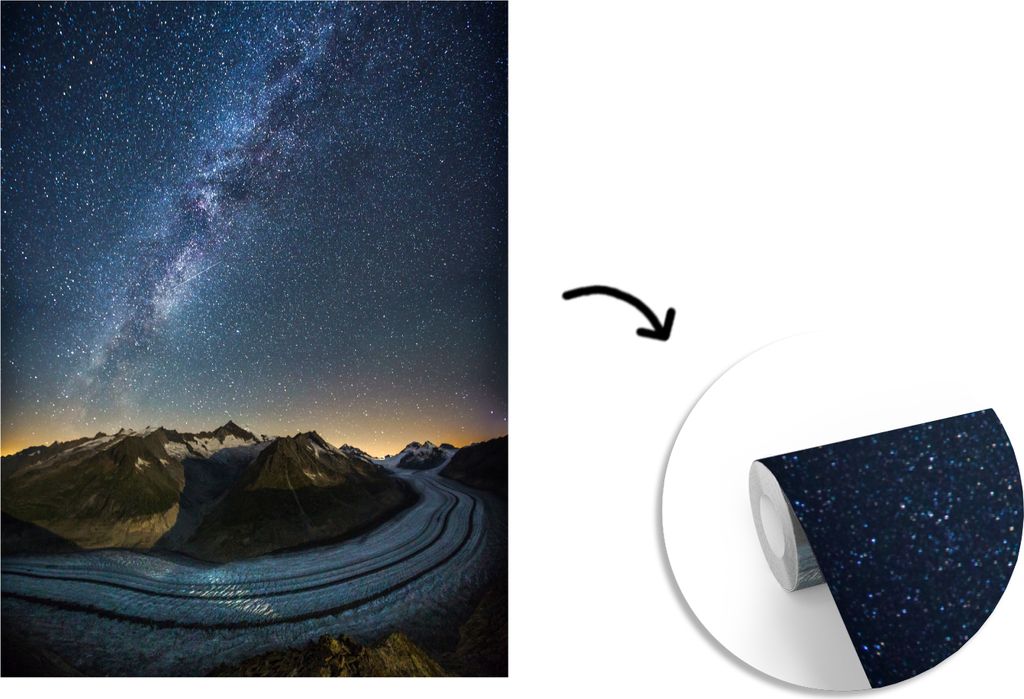 MuchoWow Fototapete für Wohnzimmer oder Schlafzimmer Wandtapete Vinyl Motivtapete Der Schweizer Aletschgletscher in einer klaren Nacht mit sicht...