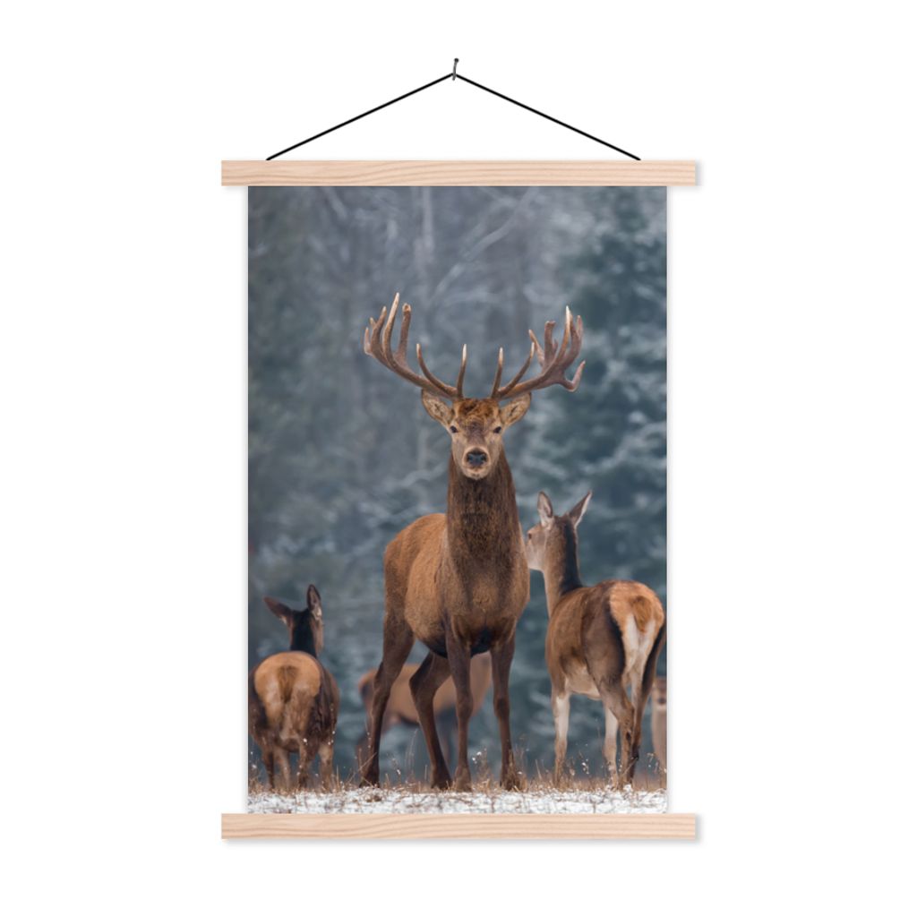 MuchoWow Textilposter Hirsche - Winter - Schnee - Waldtiere - Wald - Natur 40x60 cm mit holzfarbenen Rahmen - Poster