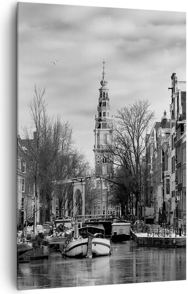 Bild auf Leinwand - Leinwandbild - Einteilig - Schwarzweiß Amsterdam Boote - 80x120cm - Wand Bild - Wanddeko - Wandbilder - Leinwanddruck - Wandde...