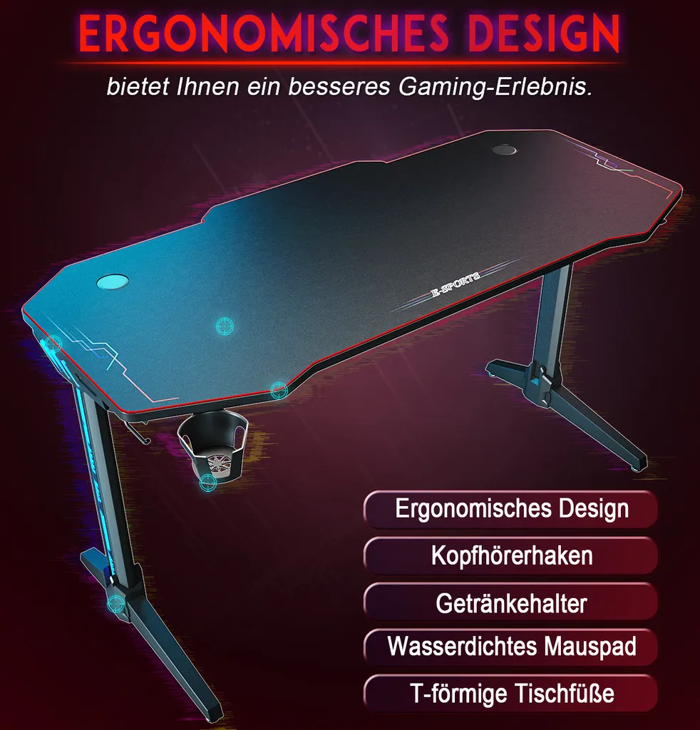 Bureau de Gaming d'Angle avec LED 140cm - Table Informatique L-Forme - 9