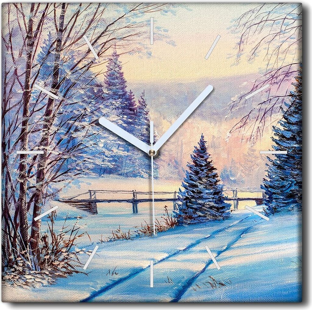Coloray Uhr auf Leinwand 30x30 cm Wand Uhr Dekoration Wohnzimmer Segeltuch weiße Zeiger -Landschaftswinterwald