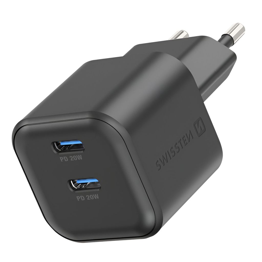 Swissten, USB-C Ladegerät GaN 20W Schnellladung Power Delivery, Schwarz
