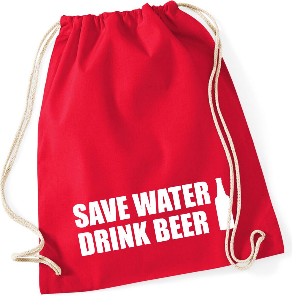 Huuraa Turnbeutel Save Water Drink Beer Bierflasche 12 Liter Classic Red Baumwolle Rucksack Geschenkidee