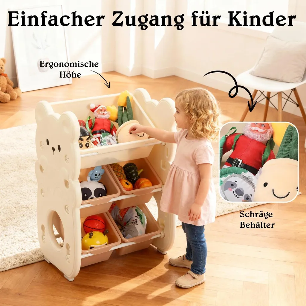 Bibliothèque enfant motif ours et bacs de rangement beige à 3 niveaux