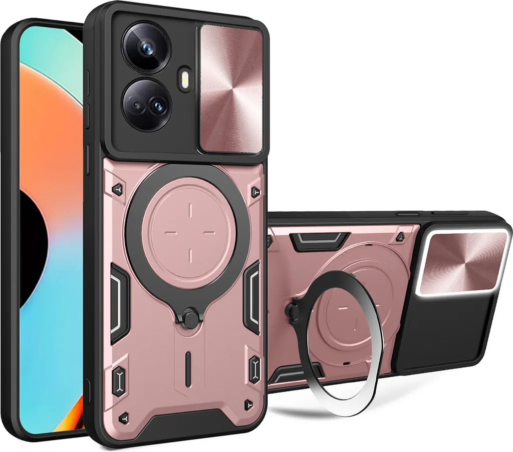 Cover Elegante Oro Rosa Realme 10 Pro+ con Anello e Protezione Camera