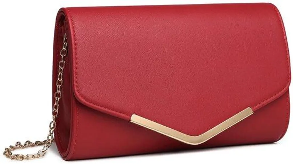 Petite pochette rouge de soirée en satin avec chaîne métal argent