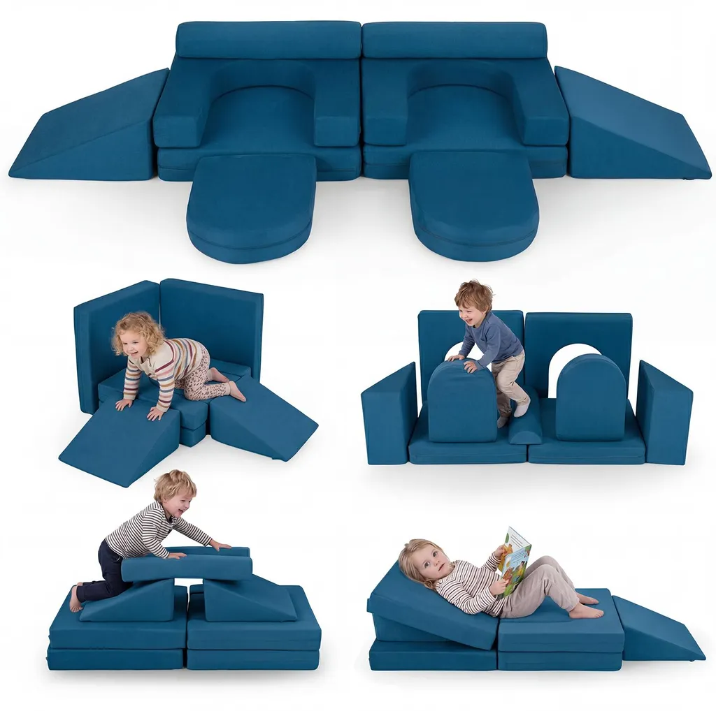 Canapé pour enfants dépliable en mousse 10 blocs modulables COSTWAY bleu