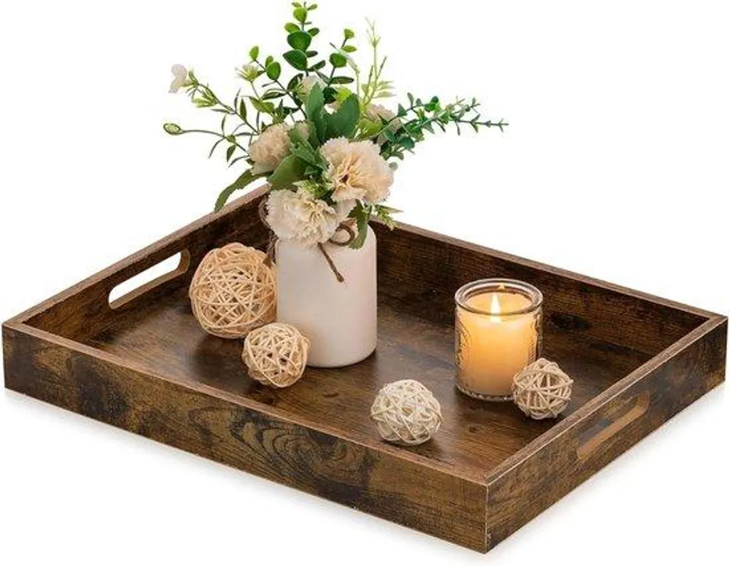 Plateau rustique en bois marron 70x70 cm avec poignées métalliques chic