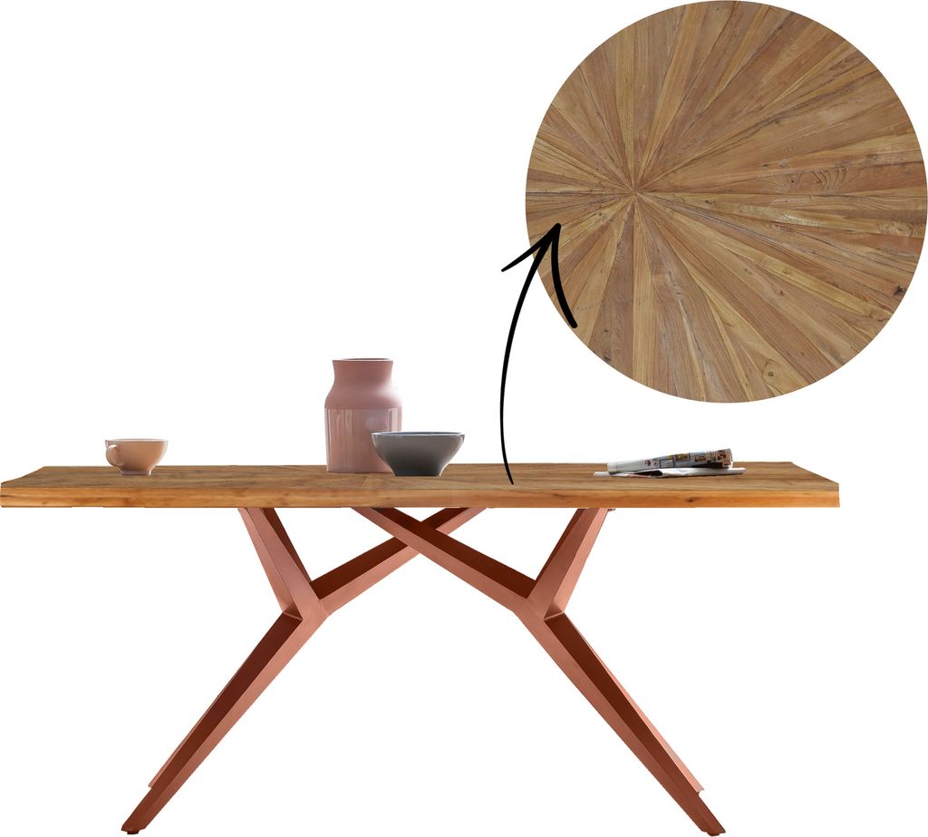 TPFLiving Tisch 200x100 cm Platte recyceltes Teak, Gestell Metall Platte natur, Gestell antikbraun