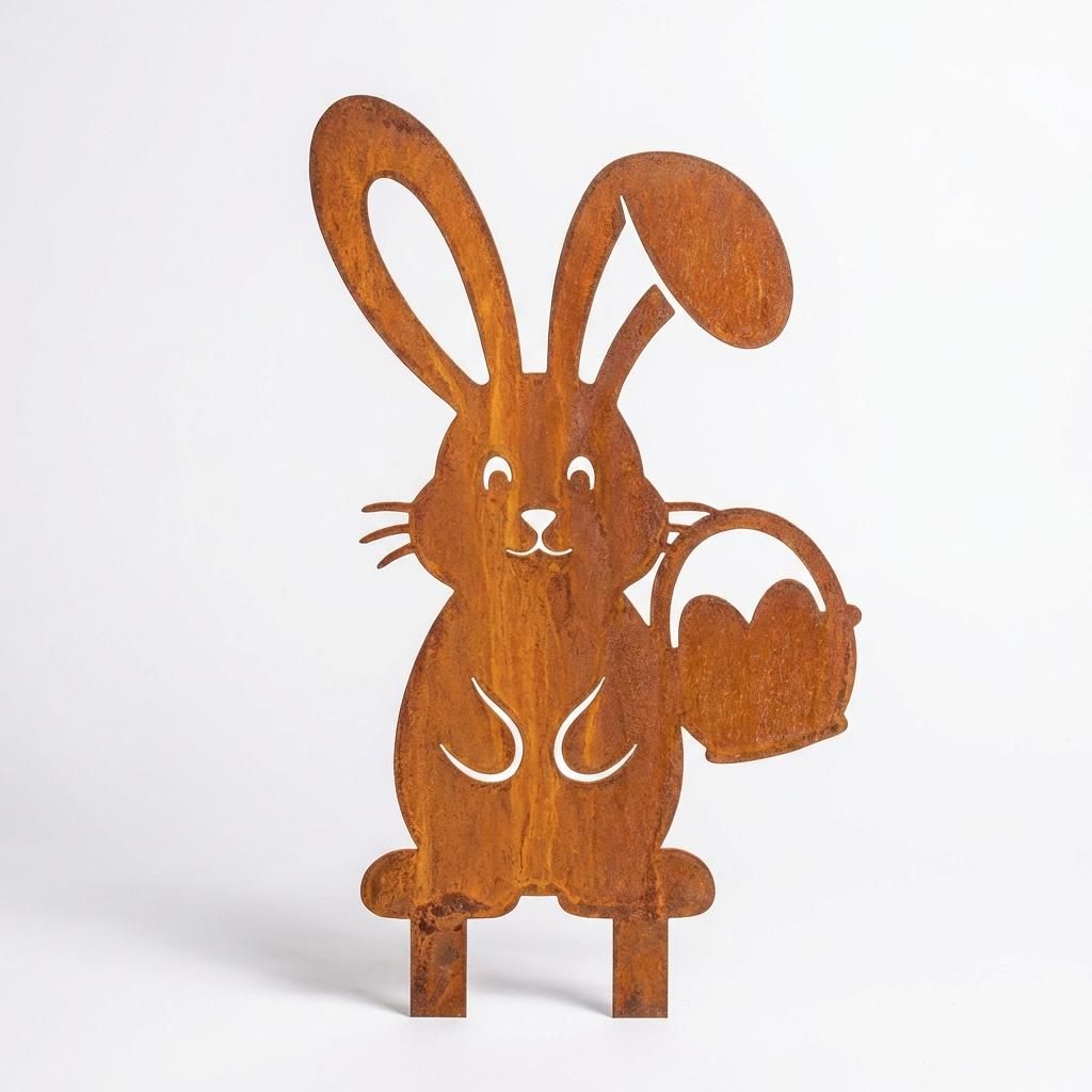 Osterhase mit Korb 23 x 15 x 1 cm - Metall Dekofigur in Edelrost Optik - Osterdeko für Garten und Wohnraum - Rustikale Frühlingsdekoration