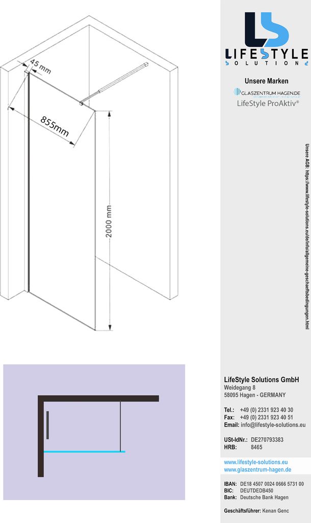 Glaszentrum Hagen Walk in Duschwand 90x200 cm Klar
