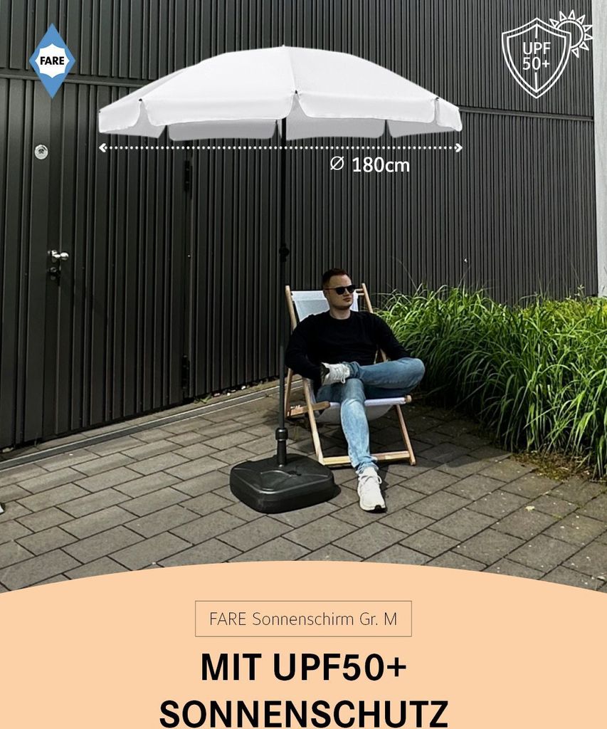 FARE Sonnenschirm M Höhenverstellbar Knickvorrichtung Lichtschutzfaktor UPF 50+ 180cm, Farbe:Weiß