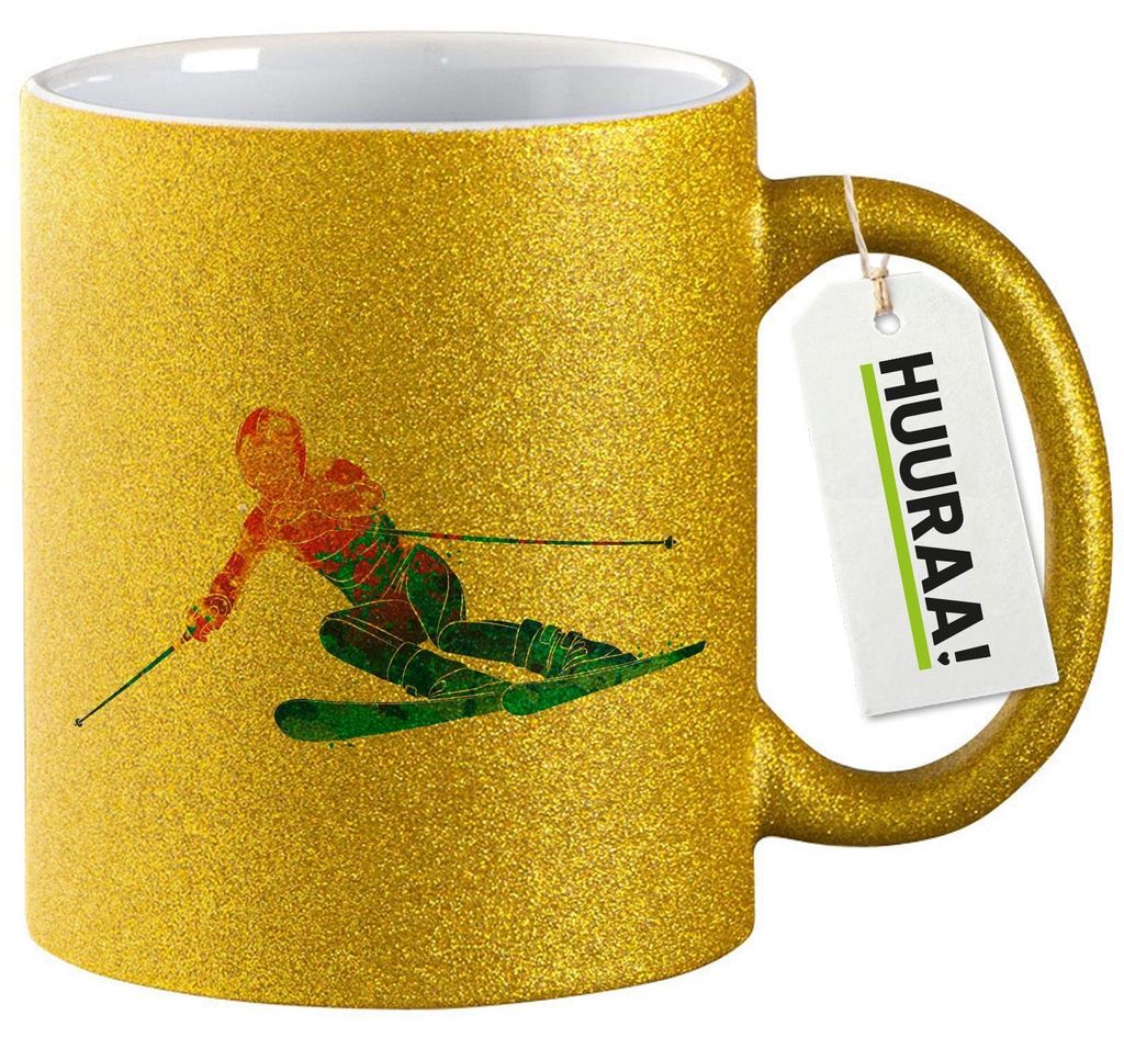 Huuraa Glitzertasse Ski fahren bunte Silhouette 330ml Gold Keramik Kaffeebecher Geschenkidee