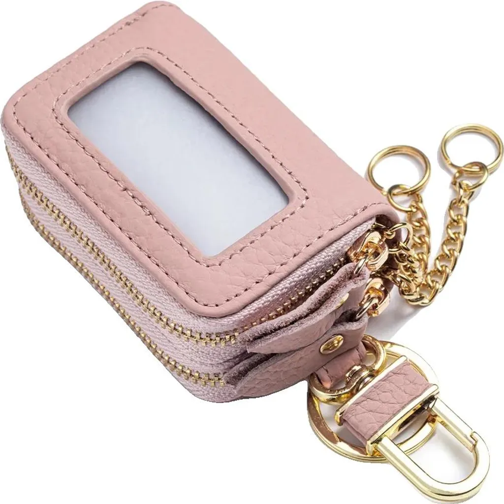 Étui porte-clés rose clair en cuir véritable avec anneaux multiples