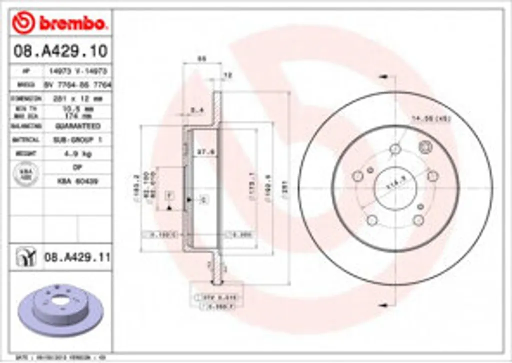 Disque de frein Brembo 08.A429.11 à haute teneur en carbone pour Toyota RAV 4