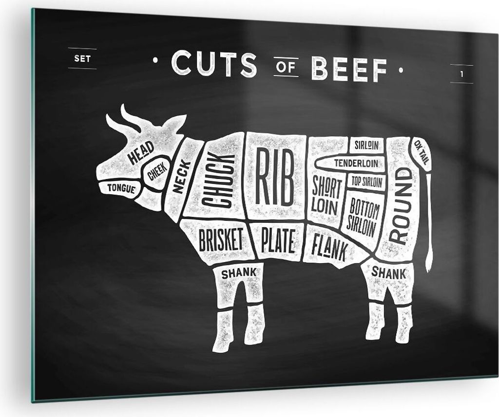 Bilder auf glas - Kuh Rindfleisch Kochen Grafik - 70x50cm - Glasbilder - Wandbilder - Kunstdruck - zum Aufhängen bereit - Wanddekoration aus Glas ...