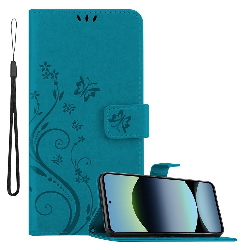Cadorabo Hülle für Xiaomi RedMi Note 14 5G Hülle in FLORAL BLAU Schutzhülle im Blumen Design mit Magnetverschluss, Standfunktion und Kartenfäc...