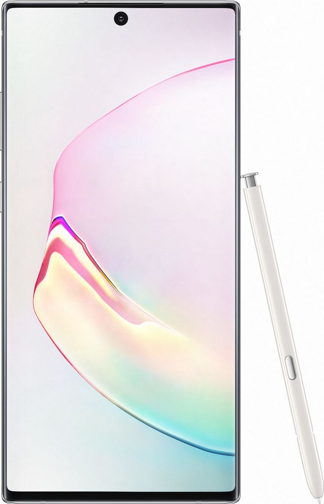 A Samsung Galaxy Note 10+ 5G smartphone with its stylus is shown against a white background.