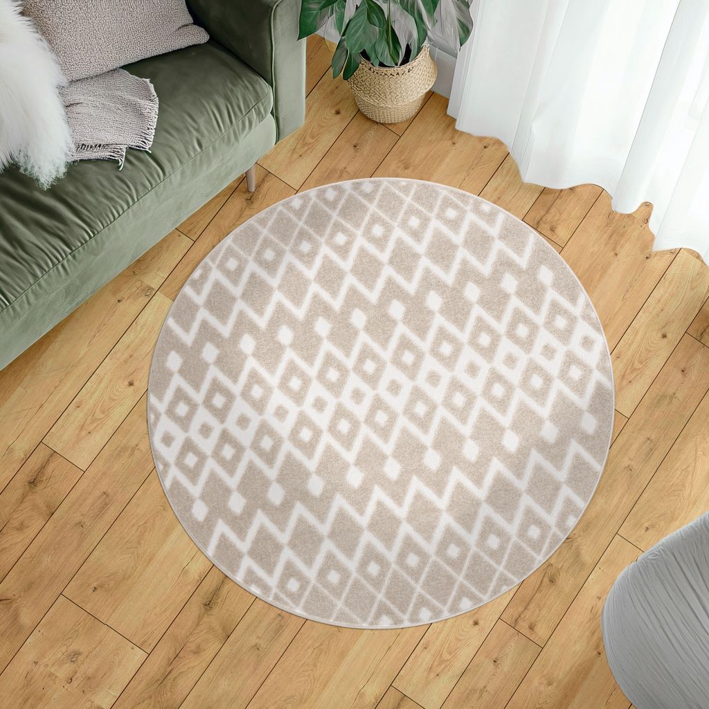 Outdoor Teppich Wetterfest Balkon Wohnzimmer Boho Skandi Geometrisch 3D Beige Grösse 200 cm Rund