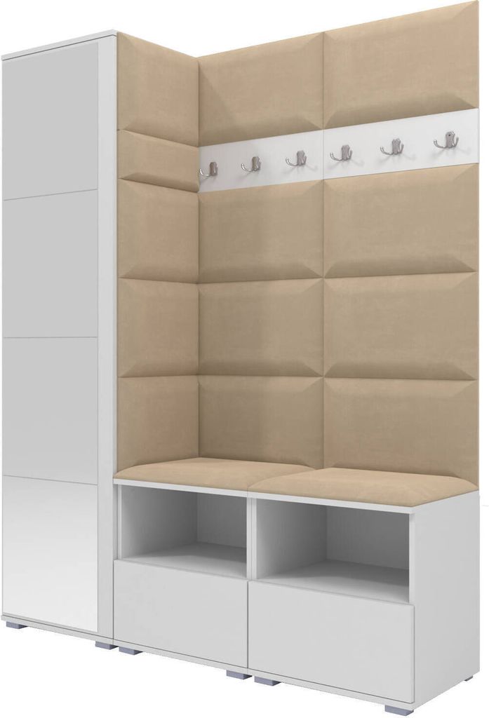 Garderoben-Set Nela II mit Spiegel, Polstergarderobe mit zwei Schuhschränke und Wandpaneele, Flurgarderobe mit Hochschrank (Farbe: Weiß + Trinity...