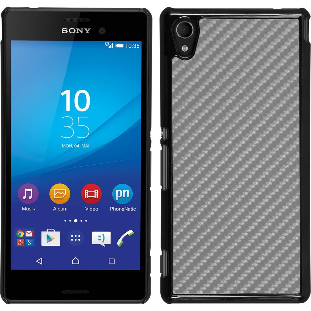 PhoneNatic Case kompatibel mit Sony Xperia M4 Aqua - Hülle silber Carbonoptik Hard-case + 2 Schutzfolien