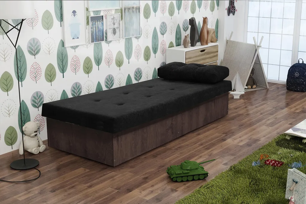 Canapé convertible Berta BIS en bois de frêne foncé et tissu noir