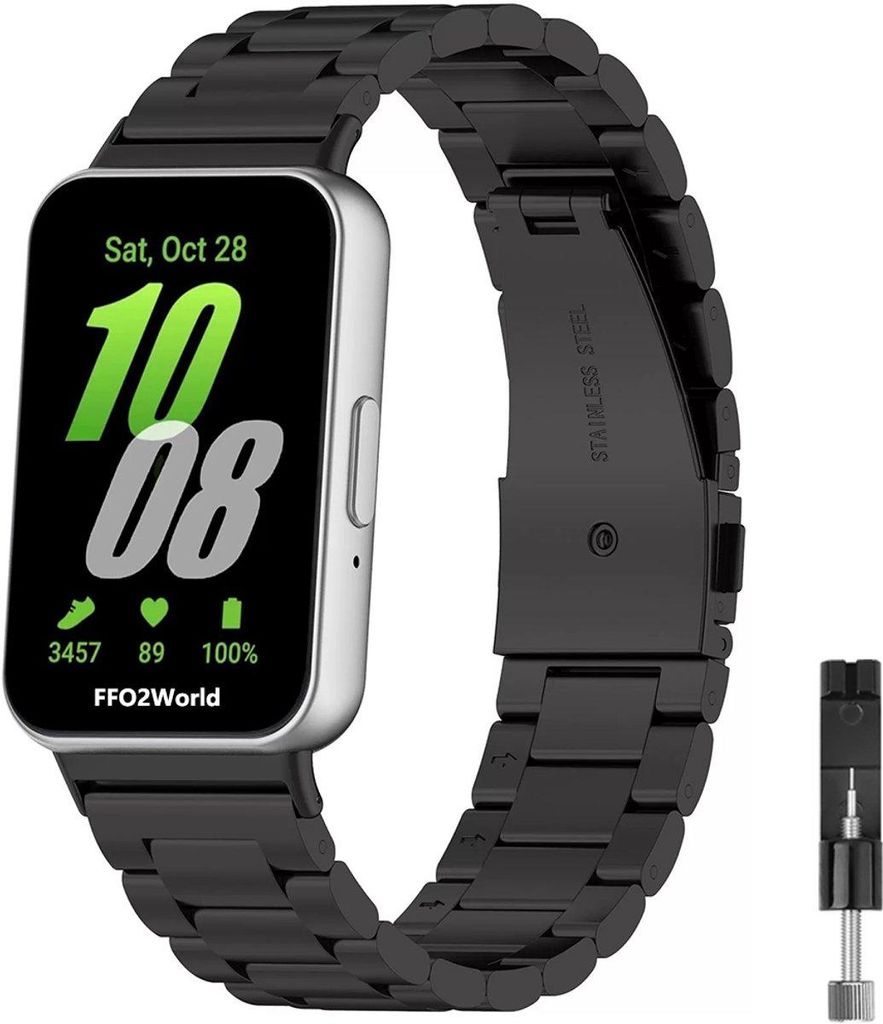 FFO2World Stahlgliederarmband - Passend für Samsung Galaxy Fit 3 - Metallarmband aus Edelstahl - Schwarz (Inklusive Kürzungswerkzeug)