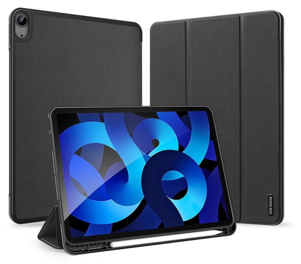 Three black iPad cases are displayed against a white background. One case is open, showing an iPad with a blue abstract wallpaper. The other two cases are closed and standing upright.