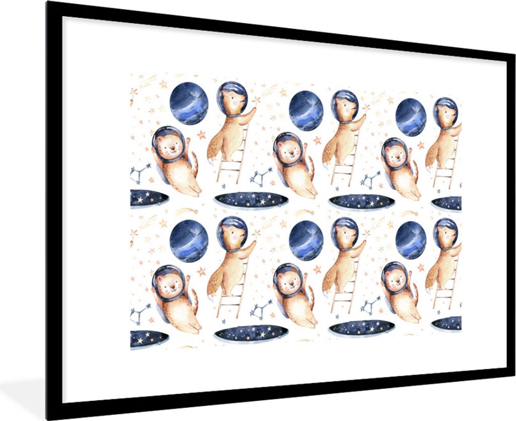 MuchoWow Gerahmtes Poster Katze - Fuchs - Sterne - Jungen - Mädchen - Kinder - Kinder 90x60 cm - Poster mit Schwarzem Bilderrahmen Wandposter Ra...