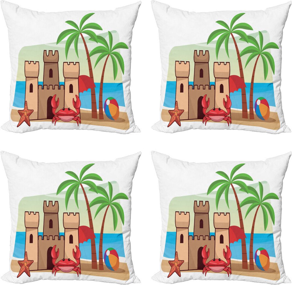 ABAKUHAUS Grafik-Strand Kissenbezug Set (4 Stück), Sand Castle Crab Fun, Moderner Doppelseitiger Digitaldruck, 60 cm x 60 cm, Mehrfarbig