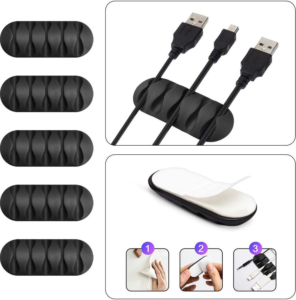 Kabel Organizer Kabelmanager 5-fach Kabelhalter Klemme Clip selbstklebend Schreibtisch Büro Farbe: Schwarz Menge: 5 Stück