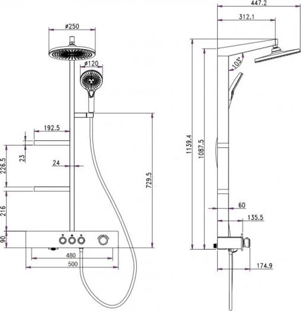 Système de douche complet NIL gris métal avec tablette de rangement