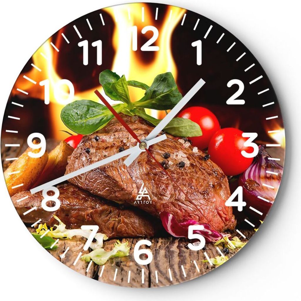 Wanduhr - Rund - Glasuhr - Essen Holz Feuer Steak - 40x40cm - Schleichendes Uhrwerk - Lautlos - zum Aufhängen bereit - Dekoration Modern - Wanddek...