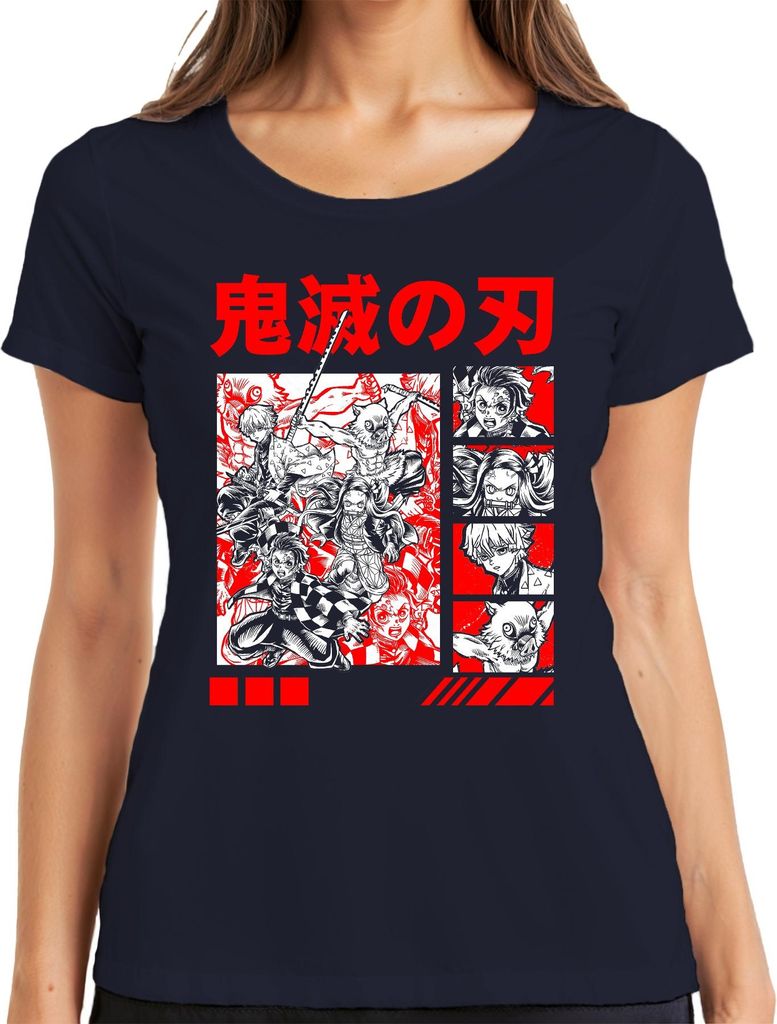 Kimetsu no Yaiba Demon Slayer Tanjiro Nezuko Inosuke Zenitsu Damen T-Shirt, Navy, L