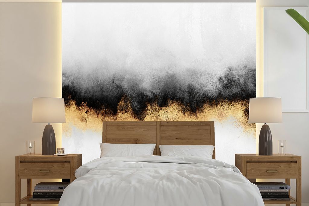 MuchoWow Fototapete für Wohnzimmer oder Schlafzimmer Wandtapete Vinyl Motivtapete Gold - Chic - Abstrakt - Schwarz - Weiß - Luxus - 350x350 cm ...